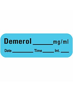 Anesthesia Label with Date, Time & Initial (Paper, Permanent) Demerol mg/ml 1 1/2" x 1/2" Blue - 600 per Roll