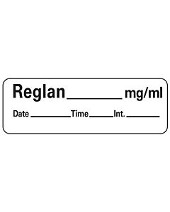 Anesthesia Label with Date, Time & Initial (Paper, Permanent) Reglan mg/ml Date 1 1/2" x 1/2" White - 600 per Roll