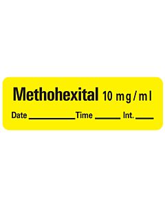 Anesthesia Label with Date, Time & Initial (Paper, Permanent) MethoheXItal 10 mg/ml 1 1 1/2" x 1/2" Yellow - 600 per Roll