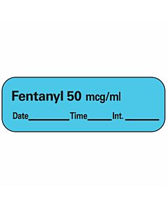 Anesthesia Label with Date, Time & Initial (Paper, Permanent) Fentanyl 50 mcg/ml 1 1/2" x 1/2" Blue - 600 per Roll