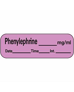 Anesthesia Label with Date, Time & Initial (Paper, Permanent) Phenylephrine mg/ml 1 1/2" x 1/2" Violet - 600 per Roll