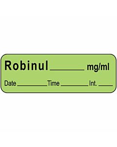 Anesthesia Label with Date, Time & Initial (Paper, Permanent) Robinul mg/ml 1 1/2" x 1/2" Green - 600 per Roll