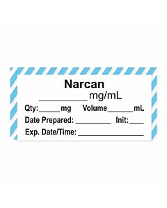 Anesthesia Label, with Expiration Date, Time & Initial (Paper, Permanent) "Narcan mg/ml" 1-1/2" x 3/4", White with Blue, - 500 per Roll