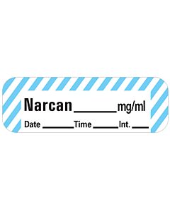 Anesthesia Label with Date, Time & Initial (Paper, Permanent) Narcan mg/ml Date 1 1/2" x 1/2" White with Blue - 600 per Roll
