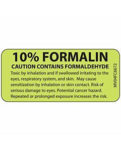 Label Paper Removable 0.1" Formalin Caution 1 Core 2 1/4" x 1", Fl. Chartreuse, 420 per Roll