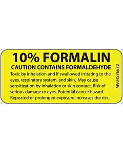 Lab Communication Label (Paper, Permanent) 10%; Formalin Caution 1 Core 2 1/4"x1 Yellow - 420 per Roll