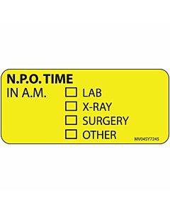 Label Paper Permanent N.P.O. Time In, 1" Core, 2 1/4" x 1", Yellow, 420 per Roll