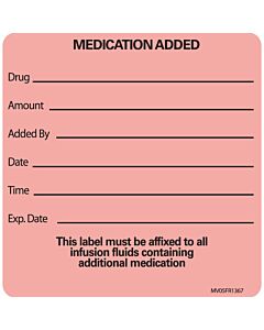 Label Paper Permanent Medication Added, 1" Core, 2 7/16" x 2 1/2", Fl. Red, 400 per Roll