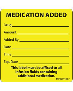 Label Paper Permanent Medication Added, 1" Core, 2 7/16" x 2 1/2", Yellow, 400 per Roll