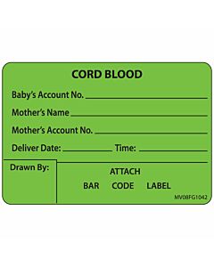 Label Paper Removable Cord Blood Babys, 1" Core, 2" 15/16" x 2, Fl. Green, 333 per Roll