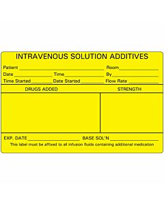 Label Paper Permanent Intravenous, 1" Core, 4" x 2 1/2", Yellow, 500 per Roll