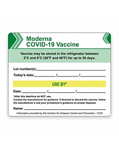 Moderna COVID-19 Vaccine Tracking Label, CDC "Beyond Use Date/Time (Bud)", 4" X 3-1/4", 250 per Roll