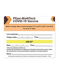 Pfizer BioNTech COVID-19 Vaccine Tracking Label, CDC "Beyond Use Date/time (BUD)", 4" X 3-1/4", 250 per Roll