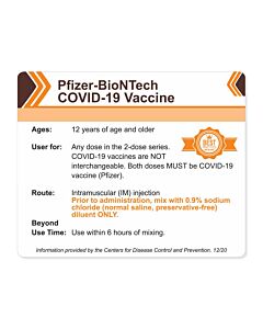 Pfizer BioNTech COVID-19 Vaccine Storage & Handling Label, CDC, 4" X 3-1/4", 250 per Roll
