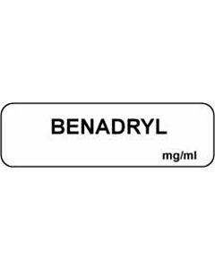 Anesthesia Label (Paper, Permanent) Benadryl mg/ml 1 1/4" x 3/8" White - 1000 per Roll