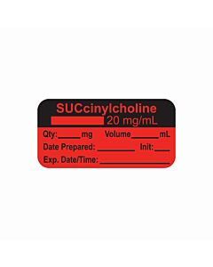 Anesthesia Label, with Expiration Date, Time & Initial (Paper, Permanent) "Succinylcholine 20 mg/ml" 1-1/2" x 3/4", Fluorescent Red - 500 per Roll