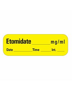 Anesthesia Label with Date, Time & Initial (Paper, Permanent) Etomi mg/ml 1 1/2" x 1/2" Yellow - 600 per Roll
