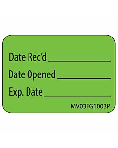 Label Paper Permanent Date Recd ___ Date 1" Core 1 7/16"x1" Fl. Green 666 per Roll