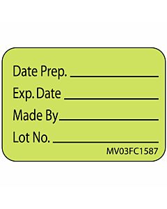 Label Paper Removable Date Prep. Exp. Date, 1" Core, 1 7/16" x 1", Fl. Green, 666 per Roll