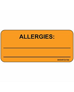 Label Paper Removable Allergies:, 1" Core, 2 1/4" x 1", Fl. Orange, 420 per Roll