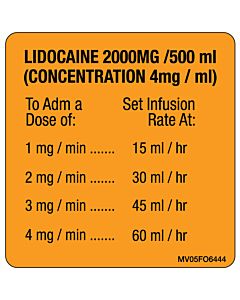 Label Paper Removable Lidocaine 2000mg /, 1" Core, 2 7/16" x 2 1/2", Fl. Orange, 400 per Roll