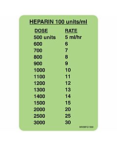 Label Paper Removable Heparin 1"00 Units/ml 1 Core 2" 15/16" x 2, Fl. Green, 333 per Roll