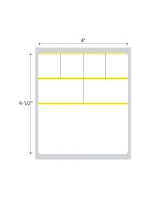Direct Thermal Label, Paper, Permanent, 4" x 4 1/2", 1" Core, White with Yellow Border, 4 rolls of 500 labels