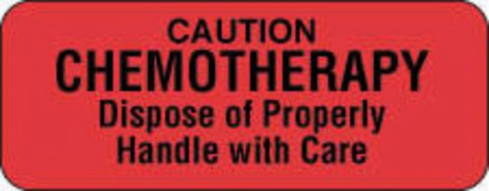 Communication Label (Paper, Permanent) Caution Chemotherapy 2 1/4" x 7/8" Fluorescent Red - 1000 per Roll