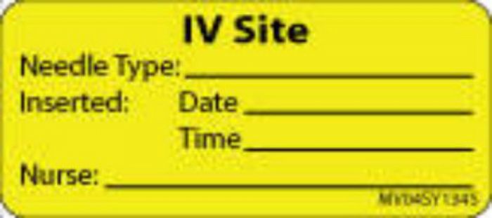 Label Paper Permanent IV Site Needle, 1" Core, 2 1/4" x 1", Yellow, 420 per Roll