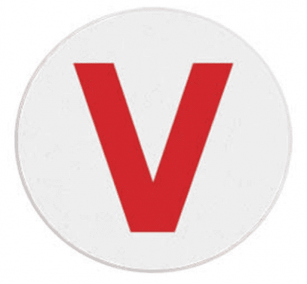 TIMEspot 1-Day Expiring Visitor Badge FRONT, Pre-printed Red "V"