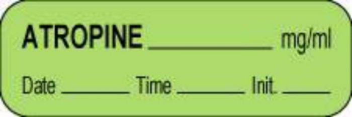 Anesthesia Label with Date, Time & Initial (Paper, Permanent) Atropine mg/ml 1 1/2" x 1/2" Green - 1000 per Roll