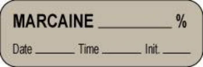 Anesthesia Label with Date, Time & Initial (Paper, Permanent) Marcaine % 1 1/2" x 1/2" Gray - 1000 per Roll