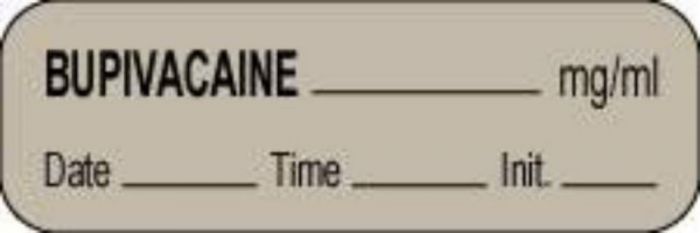 Anesthesia Label with Date, Time & Initial (Paper, Permanent) Bupivacaine mg/ml 1 1/2" x 1/2" Gray - 1000 per Roll