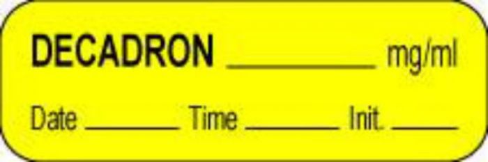 Anesthesia Label with Date, Time & Initial (Paper, Permanent) Decadron mg/ml 1 1/2" x 1/2" Yellow - 1000 per Roll
