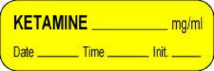 Anesthesia Label with Date, Time & Initial (Paper, Permanent) Ketamine mg/ml 1 1/2" x 1/2" Yellow - 1000 per Roll