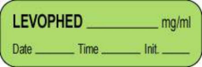 Anesthesia Label with Date, Time & Initial (Paper, Permanent) Levophed mg/ml 1 1/2" x 1/2" Green - 1000 per Roll