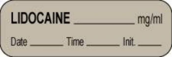 Anesthesia Label with Date, Time & Initial (Paper, Permanent) Lidocaine mg/ml 1 1/2" x 1/2" Gray - 1000 per Roll