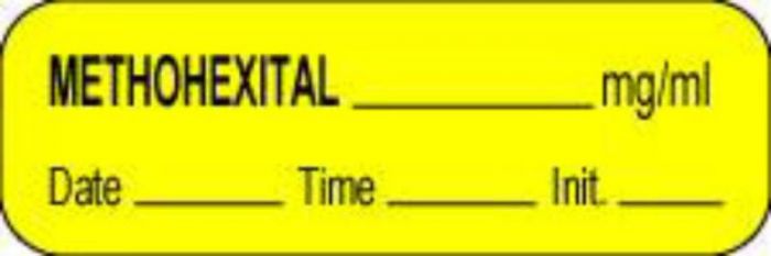 Anesthesia Label with Date, Time & Initial (Paper, Permanent) MethoheXItal mg/ml 1 1/2" x 1/2" Yellow - 1000 per Roll