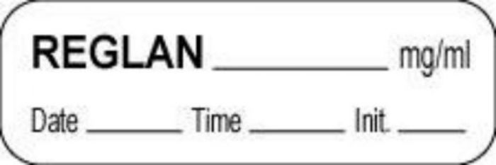 Anesthesia Label with Date, Time & Initial (Paper, Permanent) Reglan mg/ml 1 1/2" x 1/2" White - 1000 per Roll