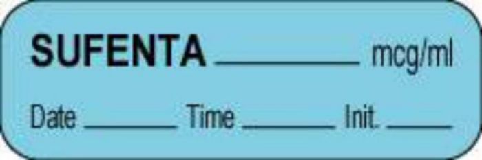 Anesthesia Label with Date, Time & Initial (Paper, Permanent) Sufenta mcg/ml 1 1/2" x 1/2" Blue - 1000 per Roll