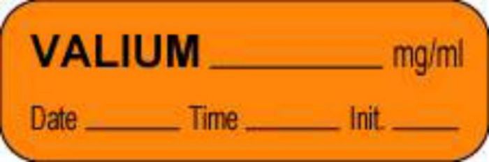 Anesthesia Label with Date, Time & Initial (Paper, Permanent) Valium mg/ml 1 1/2" x 1/2" Orange - 1000 per Roll