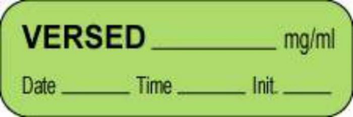Anesthesia Label with Date, Time & Initial (Paper, Permanent) Versed mg/ml 1 1/2" x 1/2" Green - 1000 per Roll
