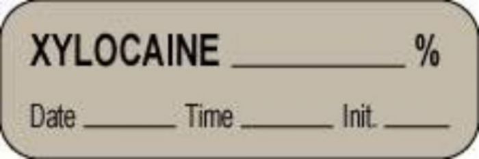 Anesthesia Label with Date, Time & Initial (Paper, Permanent) Xylocaine % 1 1/2" x 1/2" Gray - 1000 per Roll