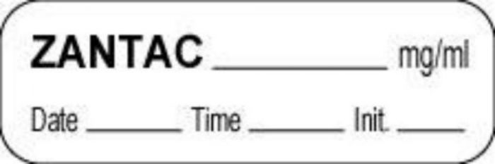Anesthesia Label with Date, Time & Initial (Paper, Permanent) Zantac mg/ml 1 1/2" x 1/2" White - 1000 per Roll