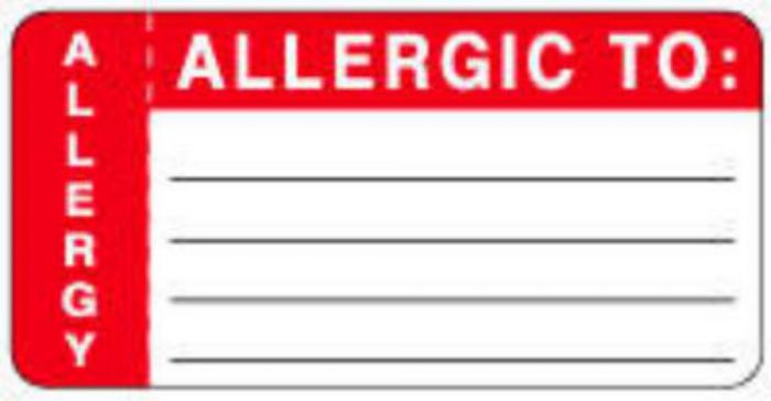 Label Wraparound Paper Permanent Allergy Allergic To: 3" Core 3-1/2" X 1-3/4" White with Red, 500 per Roll