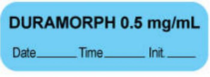 Anesthesia Label with Date, Time & Initial (Paper, Permanent) "Duramorph 0.5 mg/ml" 1 1/2" x 1/2" Blue - 1000 per Roll