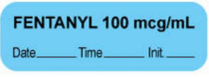 Anesthesia Label with Date, Time & Initial (Paper, Permanent) "Fentanyl 100 mcg/ml" 1 1/2" x 1/2" Blue - 1000 per Roll