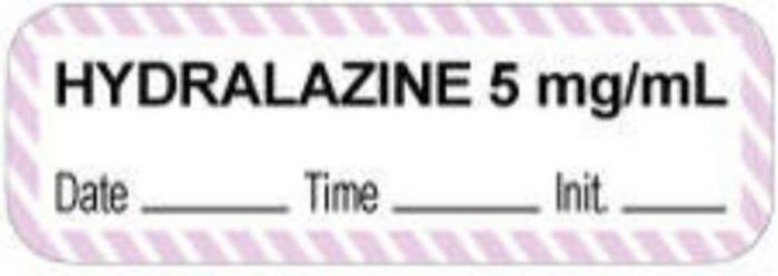 Anesthesia Label with Date, Time & Initial (Paper, Permanent) "Hydralazine 5 mg/ml" 1 1/2" x 1/2" White with Violet - 1000 per Roll