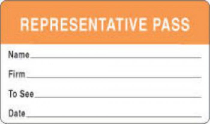 Visitor Pass Label Paper Removable "Representative Pass" 1" Core 2-3/4" X 1-3/4" Orange, 1000 per Roll