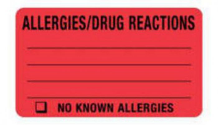 Label Paper Permanent Allergies/drug React  3"x1 3/4" Red 500 per Roll